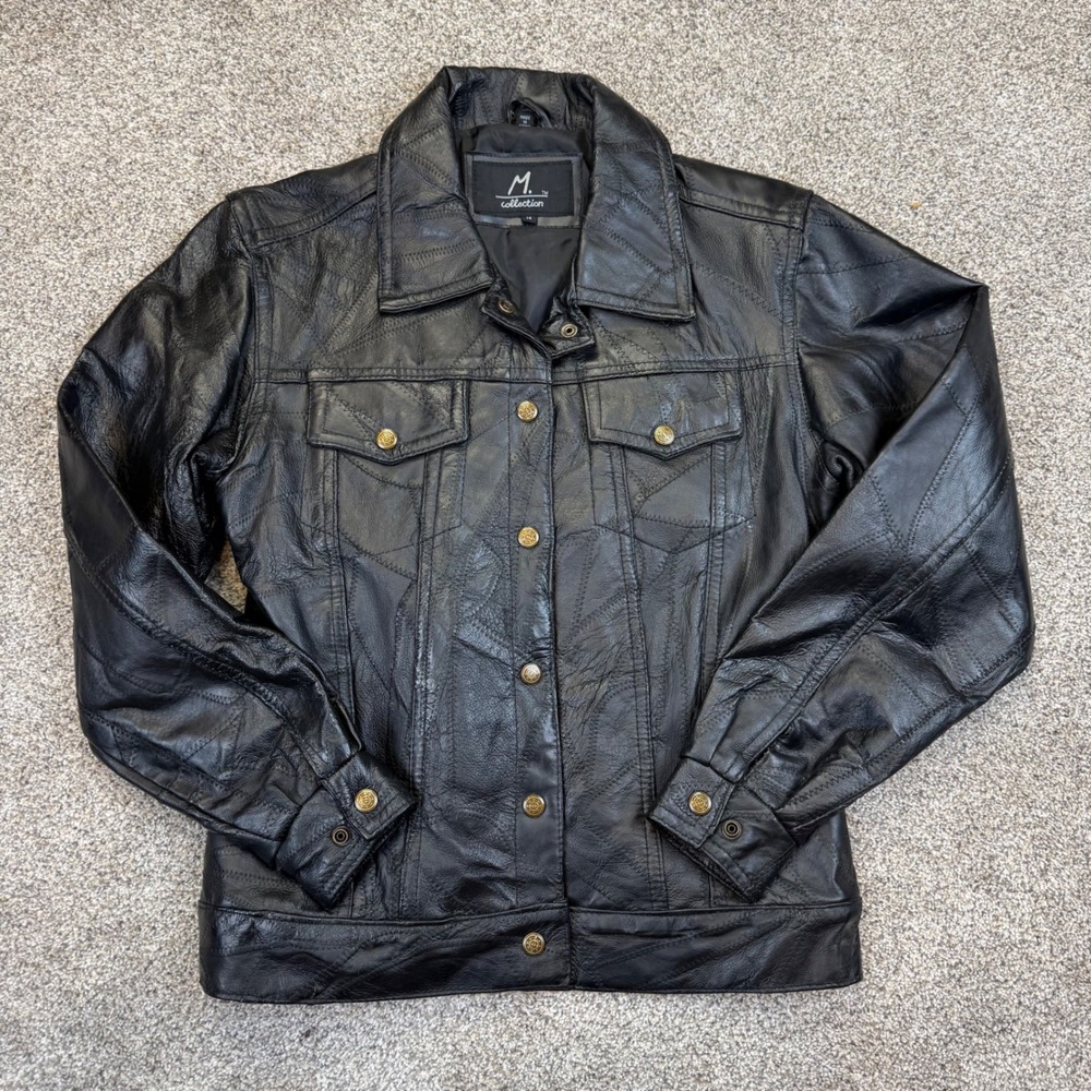 M. Collection Black Patchwork Leather Jacket Gold Crest Button Trucker‎ Medium